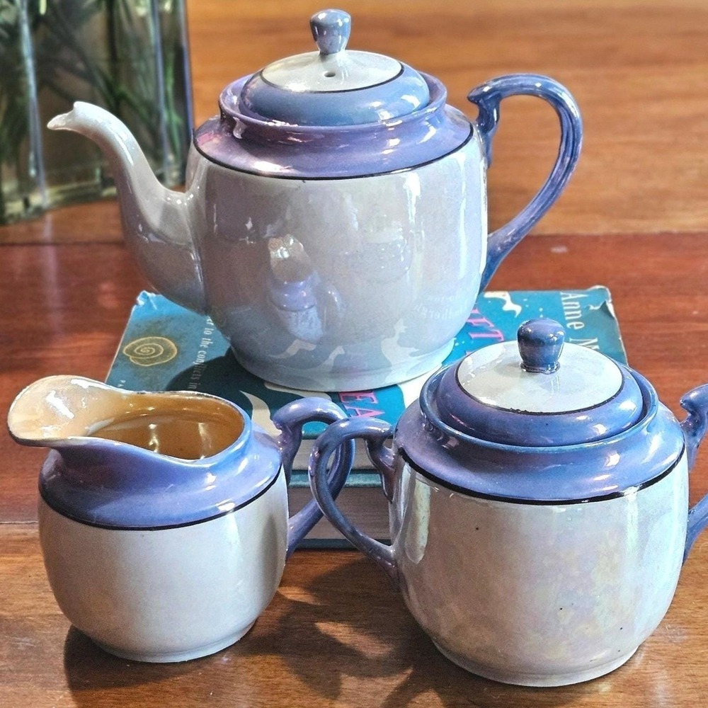 Japanese Blue Lusterware Tea Set Teapot Sugar Creamer 3 Pc Iridescent Vtg